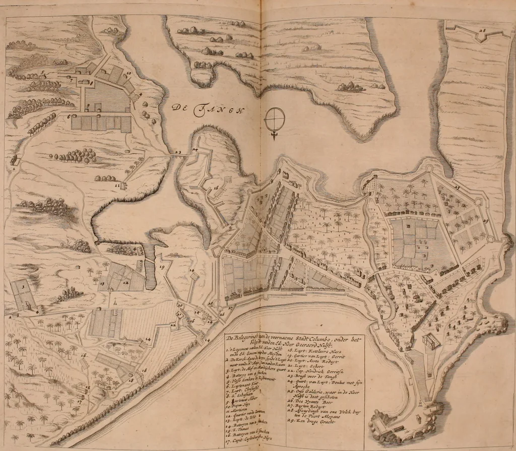 An illustration from Wahrhaftige ausführliche beschreibung der berühmten ostindischen kusten Malabar und Coromandel, als auch der insel Zeylon: samt dero angräntzenden und untergehörigen reichen, fürstentühmen, ländern, städten ... so wol auch der merkwürdigsten kriegshändel, belägerungen, feld- und seeschlachten, sonderlich zwischen den Portugesen und Holländern, handel-und kaufmannschaften: durchgehends verzieret mit neuen landkahrten und abbildungen der vornehmsten städte, festungen, trachten, thiere, früchte, &c. so in India selbst nach dem leben gezeichnet, und folgends mit fleiss zu kupfer gebracht: benebst einer umständlichen und gründlichen entdeckung der abgötterey der ost-indischen heyden, Malabaren, Benjanen, Gentiven, Bramines &c. .., 1672, leaf 385