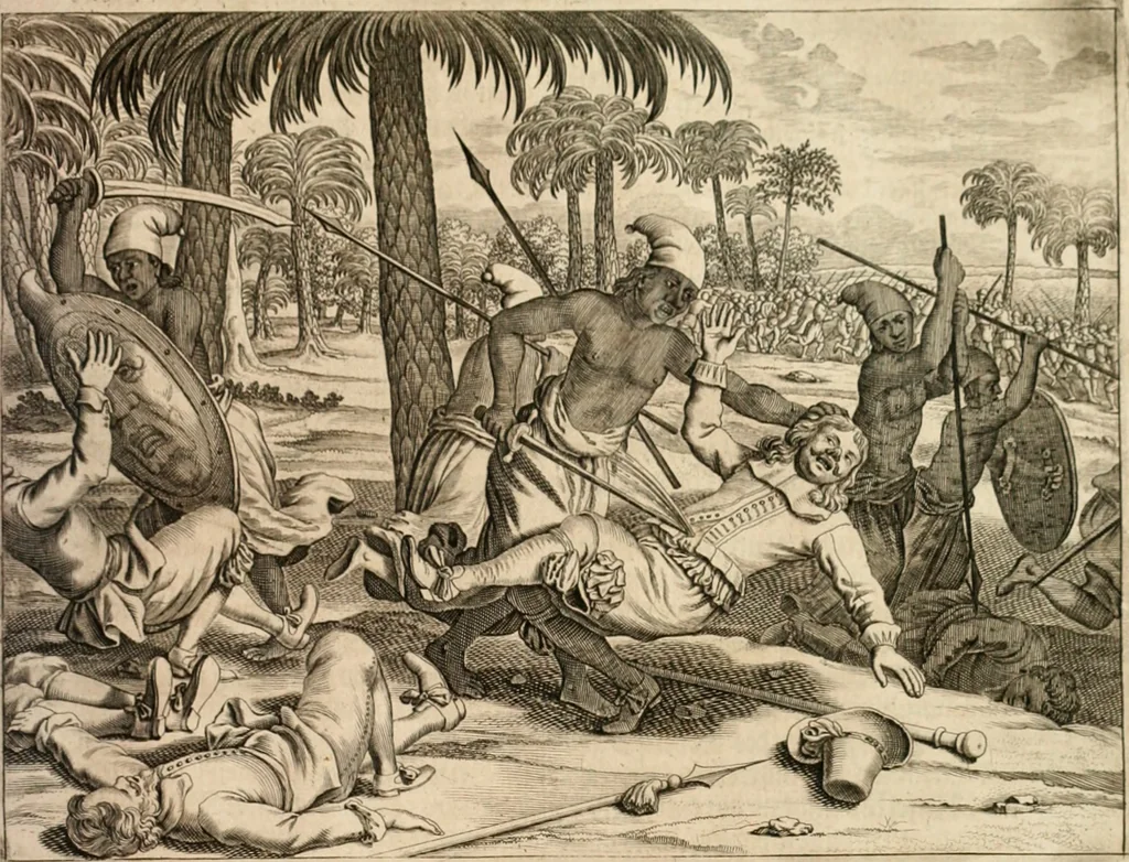 An illustration from Wahrhaftige ausführliche beschreibung der berühmten ostindischen kusten Malabar und Coromandel, als auch der insel Zeylon: samt dero angräntzenden und untergehörigen reichen, fürstentühmen, ländern, städten ... so wol auch der merkwürdigsten kriegshändel, belägerungen, feld- und seeschlachten, sonderlich zwischen den Portugesen und Holländern, handel-und kaufmannschaften: durchgehends verzieret mit neuen landkahrten und abbildungen der vornehmsten städte, festungen, trachten, thiere, früchte, &c. so in India selbst nach dem leben gezeichnet, und folgends mit fleiss zu kupfer gebracht: benebst einer umständlichen und gründlichen entdeckung der abgötterey der ost-indischen heyden, Malabaren, Benjanen, Gentiven, Bramines &c. .., 1672, leaf 428