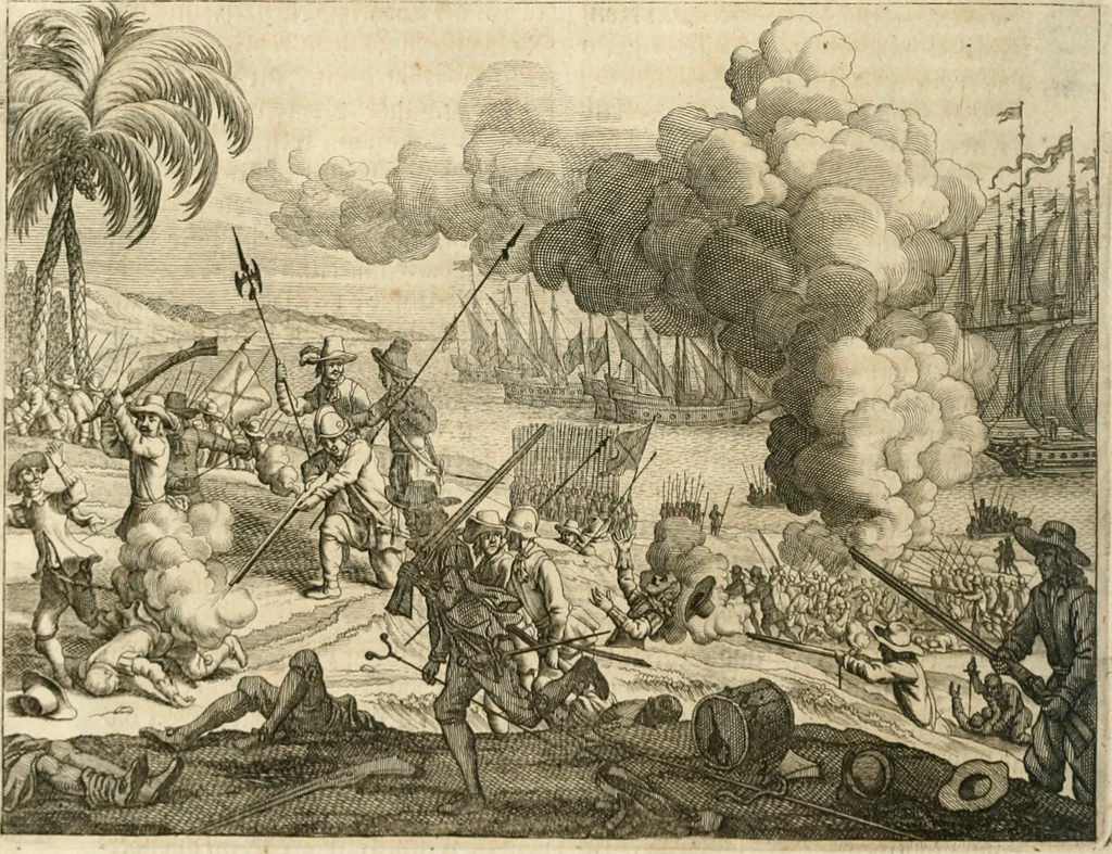 An illustration from Wahrhaftige ausführliche beschreibung der berühmten ostindischen kusten Malabar und Coromandel, als auch der insel Zeylon: samt dero angräntzenden und untergehörigen reichen, fürstentühmen, ländern, städten ... so wol auch der merkwürdigsten kriegshändel, belägerungen, feld- und seeschlachten, sonderlich zwischen den Portugesen und Holländern, handel-und kaufmannschaften: durchgehends verzieret mit neuen landkahrten und abbildungen der vornehmsten städte, festungen, trachten, thiere, früchte, &c. so in India selbst nach dem leben gezeichnet, und folgends mit fleiss zu kupfer gebracht: benebst einer umständlichen und gründlichen entdeckung der abgötterey der ost-indischen heyden, Malabaren, Benjanen, Gentiven, Bramines &c. .., 1672, leaf 433