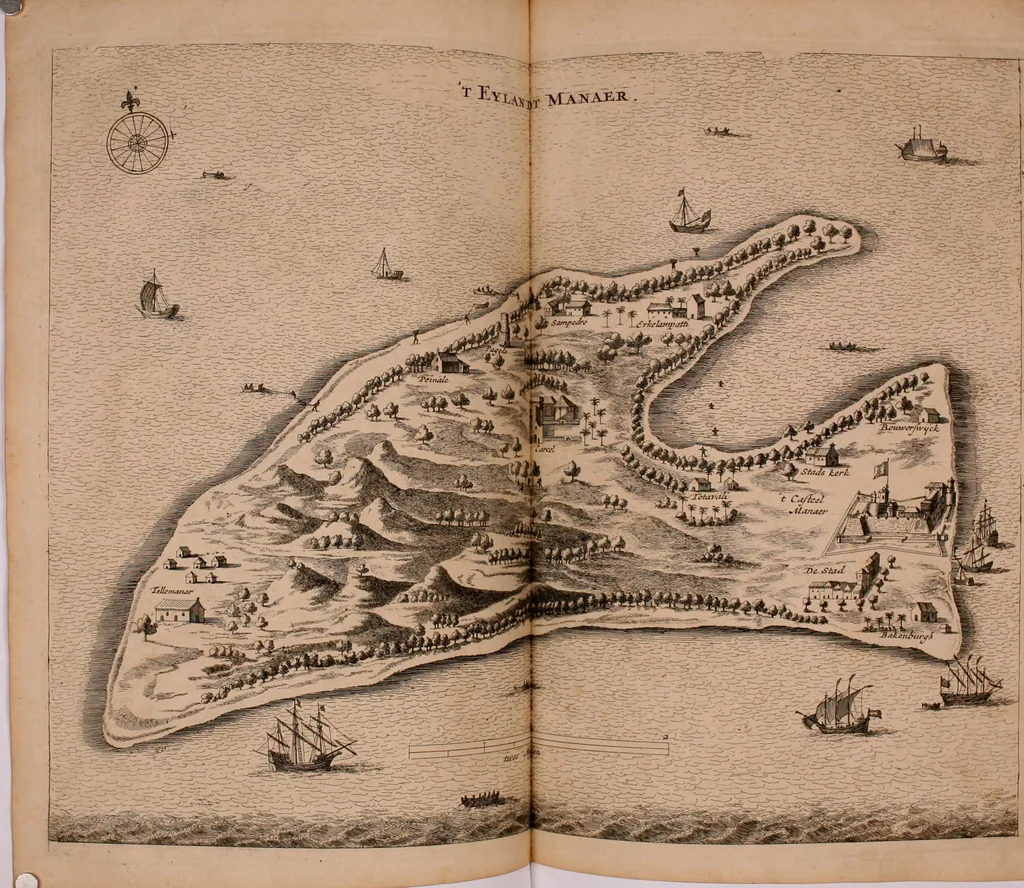 An illustration from Wahrhaftige ausführliche beschreibung der berühmten ostindischen kusten Malabar und Coromandel, als auch der insel Zeylon: samt dero angräntzenden und untergehörigen reichen, fürstentühmen, ländern, städten ... so wol auch der merkwürdigsten kriegshändel, belägerungen, feld- und seeschlachten, sonderlich zwischen den Portugesen und Holländern, handel-und kaufmannschaften: durchgehends verzieret mit neuen landkahrten und abbildungen der vornehmsten städte, festungen, trachten, thiere, früchte, &c. so in India selbst nach dem leben gezeichnet, und folgends mit fleiss zu kupfer gebracht: benebst einer umständlichen und gründlichen entdeckung der abgötterey der ost-indischen heyden, Malabaren, Benjanen, Gentiven, Bramines &c. .., 1672, leaf 437