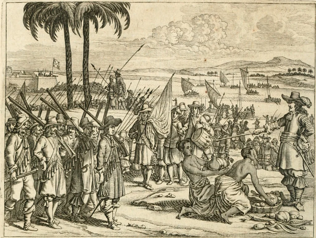 An illustration from Wahrhaftige ausführliche beschreibung der berühmten ostindischen kusten Malabar und Coromandel, als auch der insel Zeylon: samt dero angräntzenden und untergehörigen reichen, fürstentühmen, ländern, städten ... so wol auch der merkwürdigsten kriegshändel, belägerungen, feld- und seeschlachten, sonderlich zwischen den Portugesen und Holländern, handel-und kaufmannschaften: durchgehends verzieret mit neuen landkahrten und abbildungen der vornehmsten städte, festungen, trachten, thiere, früchte, &c. so in India selbst nach dem leben gezeichnet, und folgends mit fleiss zu kupfer gebracht: benebst einer umständlichen und gründlichen entdeckung der abgötterey der ost-indischen heyden, Malabaren, Benjanen, Gentiven, Bramines &c. .., 1672, leaf 443