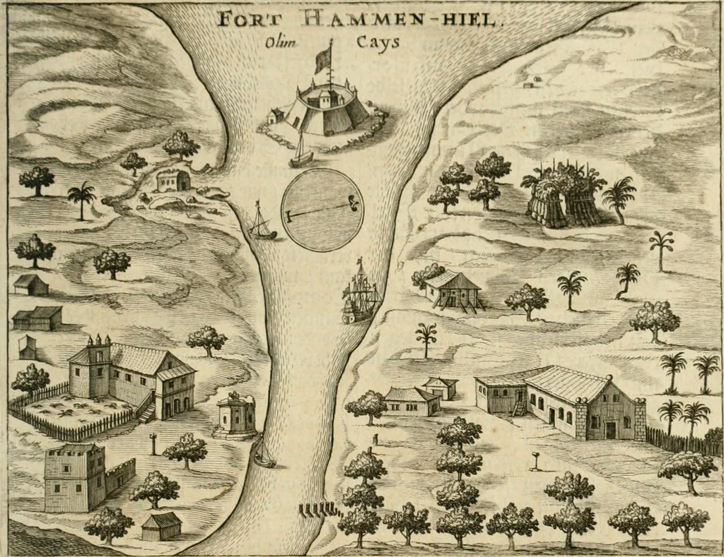 An illustration from Wahrhaftige ausführliche beschreibung der berühmten ostindischen kusten Malabar und Coromandel, als auch der insel Zeylon: samt dero angräntzenden und untergehörigen reichen, fürstentühmen, ländern, städten ... so wol auch der merkwürdigsten kriegshändel, belägerungen, feld- und seeschlachten, sonderlich zwischen den Portugesen und Holländern, handel-und kaufmannschaften: durchgehends verzieret mit neuen landkahrten und abbildungen der vornehmsten städte, festungen, trachten, thiere, früchte, &c. so in India selbst nach dem leben gezeichnet, und folgends mit fleiss zu kupfer gebracht: benebst einer umständlichen und gründlichen entdeckung der abgötterey der ost-indischen heyden, Malabaren, Benjanen, Gentiven, Bramines &c. .., 1672, leaf 444