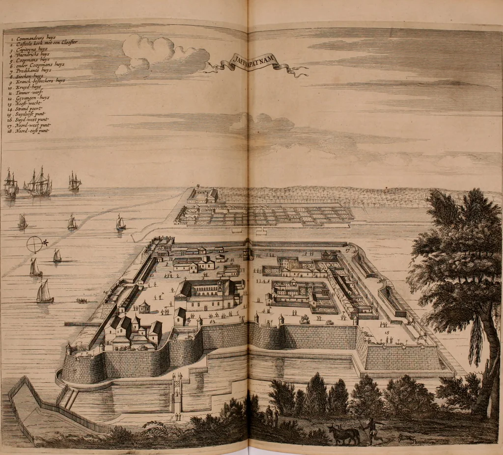 An illustration from Wahrhaftige ausführliche beschreibung der berühmten ostindischen kusten Malabar und Coromandel, als auch der insel Zeylon: samt dero angräntzenden und untergehörigen reichen, fürstentühmen, ländern, städten ... so wol auch der merkwürdigsten kriegshändel, belägerungen, feld- und seeschlachten, sonderlich zwischen den Portugesen und Holländern, handel-und kaufmannschaften: durchgehends verzieret mit neuen landkahrten und abbildungen der vornehmsten städte, festungen, trachten, thiere, früchte, &c. so in India selbst nach dem leben gezeichnet, und folgends mit fleiss zu kupfer gebracht: benebst einer umständlichen und gründlichen entdeckung der abgötterey der ost-indischen heyden, Malabaren, Benjanen, Gentiven, Bramines &c. .., 1672, leaf 447