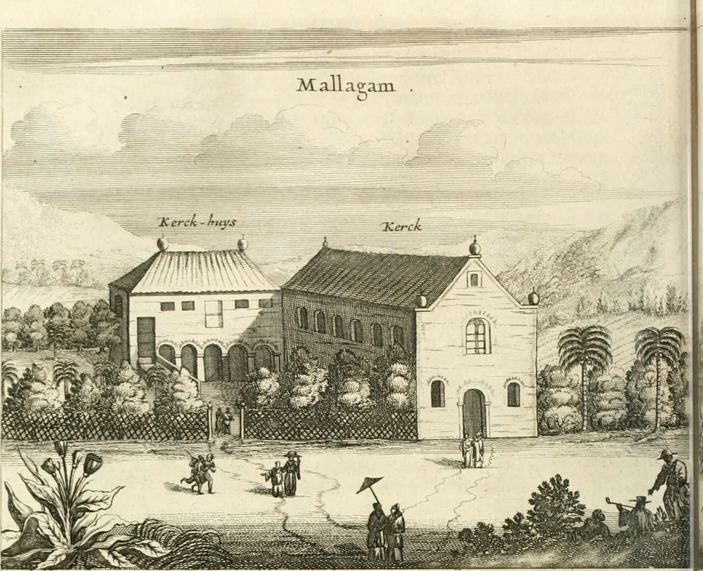 An illustration from Wahrhaftige ausführliche beschreibung der berühmten ostindischen kusten Malabar und Coromandel, als auch der insel Zeylon: samt dero angräntzenden und untergehörigen reichen, fürstentühmen, ländern, städten ... so wol auch der merkwürdigsten kriegshändel, belägerungen, feld- und seeschlachten, sonderlich zwischen den Portugesen und Holländern, handel-und kaufmannschaften: durchgehends verzieret mit neuen landkahrten und abbildungen der vornehmsten städte, festungen, trachten, thiere, früchte, &c. so in India selbst nach dem leben gezeichnet, und folgends mit fleiss zu kupfer gebracht: benebst einer umständlichen und gründlichen entdeckung der abgötterey der ost-indischen heyden, Malabaren, Benjanen, Gentiven, Bramines &c. .., 1672, leaf 455