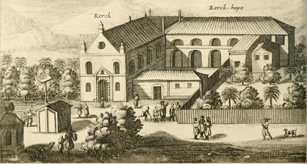 An illustration from Wahrhaftige ausführliche beschreibung der berühmten ostindischen kusten Malabar und Coromandel, als auch der insel Zeylon: samt dero angräntzenden und untergehörigen reichen, fürstentühmen, ländern, städten ... so wol auch der merkwürdigsten kriegshändel, belägerungen, feld- und seeschlachten, sonderlich zwischen den Portugesen und Holländern, handel-und kaufmannschaften: durchgehends verzieret mit neuen landkahrten und abbildungen der vornehmsten städte, festungen, trachten, thiere, früchte, &c. so in India selbst nach dem leben gezeichnet, und folgends mit fleiss zu kupfer gebracht: benebst einer umständlichen und gründlichen entdeckung der abgötterey der ost-indischen heyden, Malabaren, Benjanen, Gentiven, Bramines &c. .., 1672, leaf 455