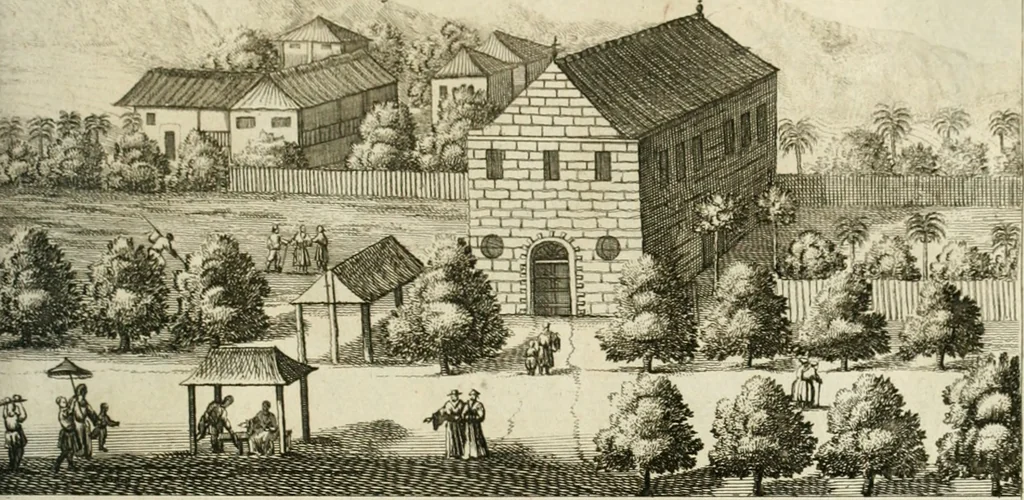 An illustration from Wahrhaftige ausführliche beschreibung der berühmten ostindischen kusten Malabar und Coromandel, als auch der insel Zeylon: samt dero angräntzenden und untergehörigen reichen, fürstentühmen, ländern, städten ... so wol auch der merkwürdigsten kriegshändel, belägerungen, feld- und seeschlachten, sonderlich zwischen den Portugesen und Holländern, handel-und kaufmannschaften: durchgehends verzieret mit neuen landkahrten und abbildungen der vornehmsten städte, festungen, trachten, thiere, früchte, &c. so in India selbst nach dem leben gezeichnet, und folgends mit fleiss zu kupfer gebracht: benebst einer umständlichen und gründlichen entdeckung der abgötterey der ost-indischen heyden, Malabaren, Benjanen, Gentiven, Bramines &c. .., 1672, leaf 456