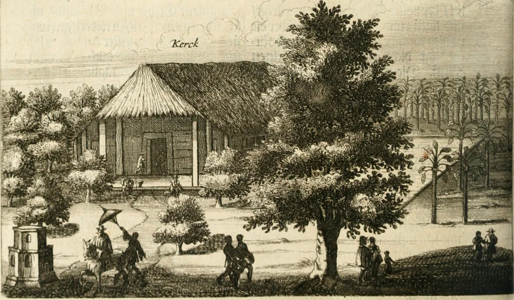 An illustration from Wahrhaftige ausführliche beschreibung der berühmten ostindischen kusten Malabar und Coromandel, als auch der insel Zeylon: samt dero angräntzenden und untergehörigen reichen, fürstentühmen, ländern, städten ... so wol auch der merkwürdigsten kriegshändel, belägerungen, feld- und seeschlachten, sonderlich zwischen den Portugesen und Holländern, handel-und kaufmannschaften: durchgehends verzieret mit neuen landkahrten und abbildungen der vornehmsten städte, festungen, trachten, thiere, früchte, &c. so in India selbst nach dem leben gezeichnet, und folgends mit fleiss zu kupfer gebracht: benebst einer umständlichen und gründlichen entdeckung der abgötterey der ost-indischen heyden, Malabaren, Benjanen, Gentiven, Bramines &c. .., 1672, leaf 459