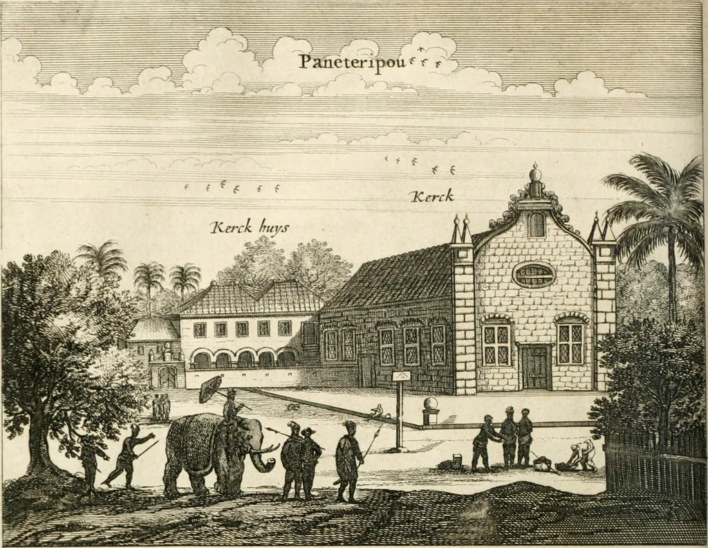 An illustration from Wahrhaftige ausführliche beschreibung der berühmten ostindischen kusten Malabar und Coromandel, als auch der insel Zeylon: samt dero angräntzenden und untergehörigen reichen, fürstentühmen, ländern, städten ... so wol auch der merkwürdigsten kriegshändel, belägerungen, feld- und seeschlachten, sonderlich zwischen den Portugesen und Holländern, handel-und kaufmannschaften: durchgehends verzieret mit neuen landkahrten und abbildungen der vornehmsten städte, festungen, trachten, thiere, früchte, &c. so in India selbst nach dem leben gezeichnet, und folgends mit fleiss zu kupfer gebracht: benebst einer umständlichen und gründlichen entdeckung der abgötterey der ost-indischen heyden, Malabaren, Benjanen, Gentiven, Bramines &c. .., 1672, leaf 461
