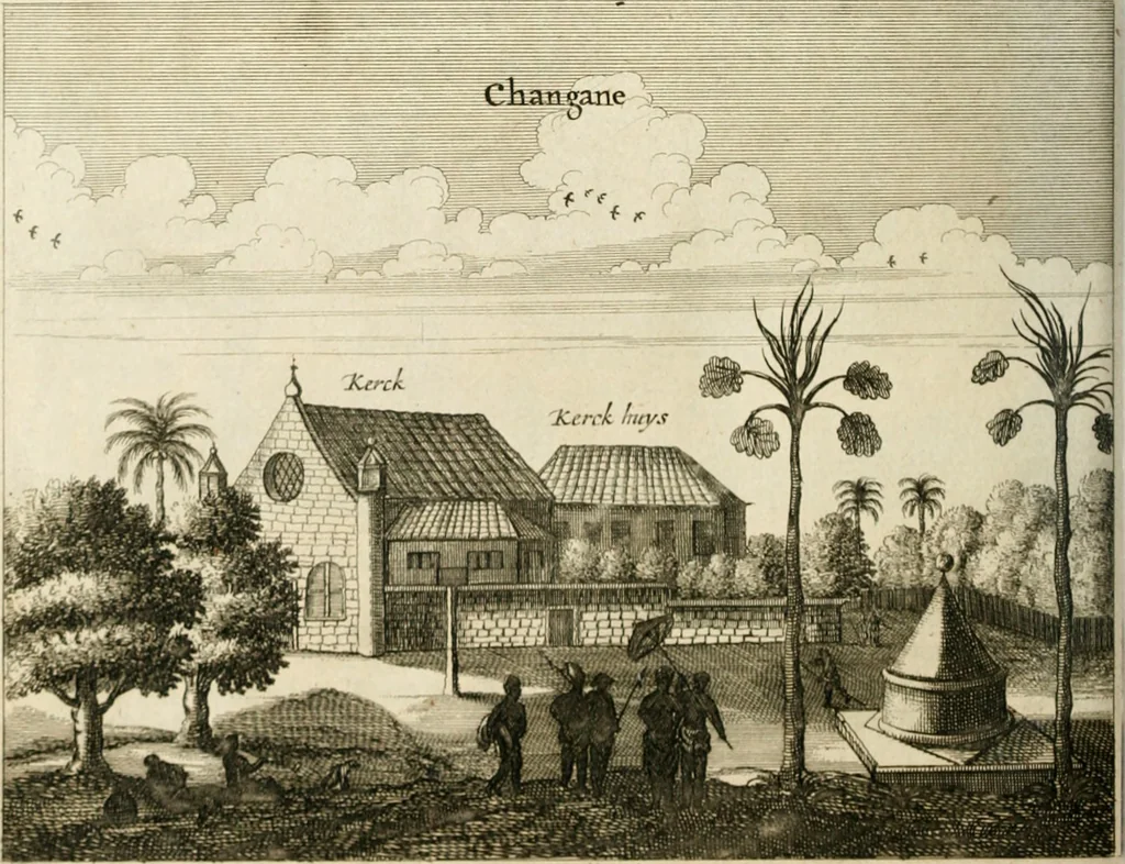 An illustration from Wahrhaftige ausführliche beschreibung der berühmten ostindischen kusten Malabar und Coromandel, als auch der insel Zeylon: samt dero angräntzenden und untergehörigen reichen, fürstentühmen, ländern, städten ... so wol auch der merkwürdigsten kriegshändel, belägerungen, feld- und seeschlachten, sonderlich zwischen den Portugesen und Holländern, handel-und kaufmannschaften: durchgehends verzieret mit neuen landkahrten und abbildungen der vornehmsten städte, festungen, trachten, thiere, früchte, &c. so in India selbst nach dem leben gezeichnet, und folgends mit fleiss zu kupfer gebracht: benebst einer umständlichen und gründlichen entdeckung der abgötterey der ost-indischen heyden, Malabaren, Benjanen, Gentiven, Bramines &c. .., 1672, leaf 461