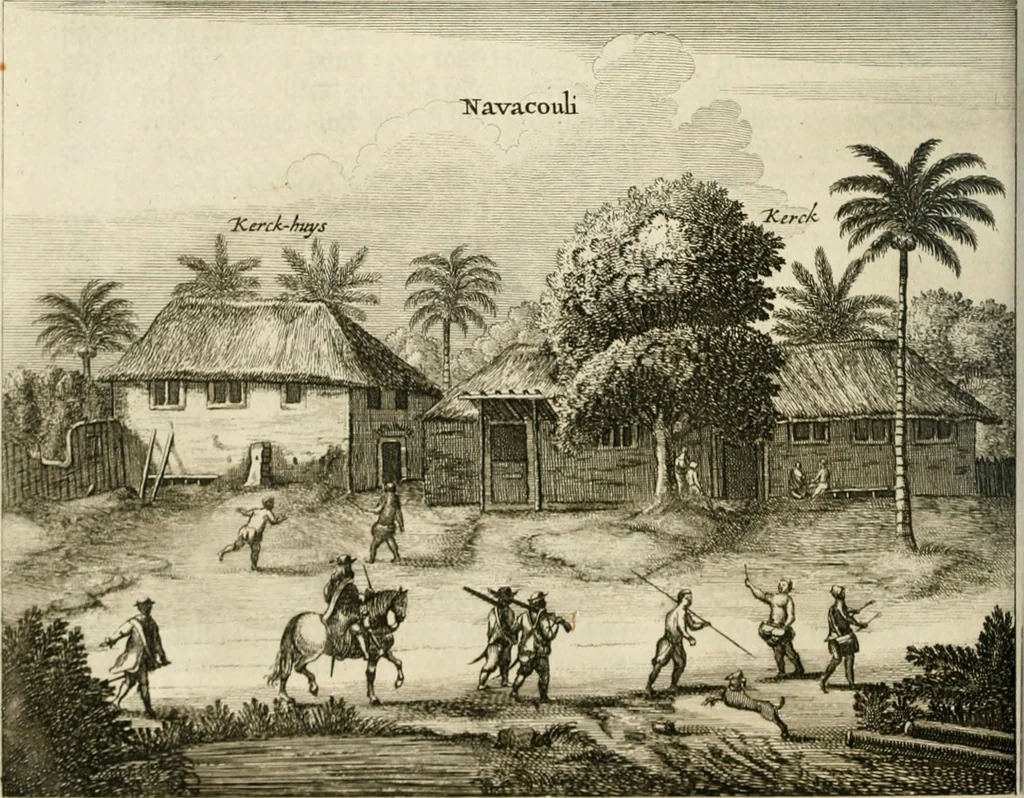 An illustration from Wahrhaftige ausführliche beschreibung der berühmten ostindischen kusten Malabar und Coromandel, als auch der insel Zeylon: samt dero angräntzenden und untergehörigen reichen, fürstentühmen, ländern, städten ... so wol auch der merkwürdigsten kriegshändel, belägerungen, feld- und seeschlachten, sonderlich zwischen den Portugesen und Holländern, handel-und kaufmannschaften: durchgehends verzieret mit neuen landkahrten und abbildungen der vornehmsten städte, festungen, trachten, thiere, früchte, &c. so in India selbst nach dem leben gezeichnet, und folgends mit fleiss zu kupfer gebracht: benebst einer umständlichen und gründlichen entdeckung der abgötterey der ost-indischen heyden, Malabaren, Benjanen, Gentiven, Bramines &c. .., 1672, leaf 467