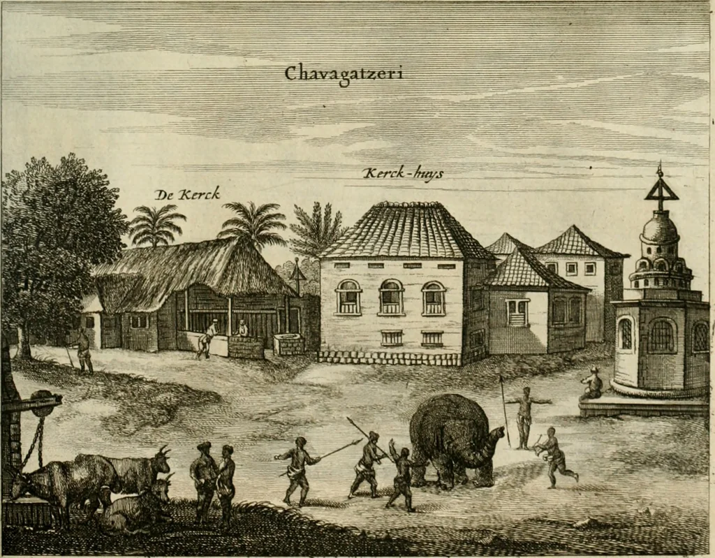 An illustration from Wahrhaftige ausführliche beschreibung der berühmten ostindischen kusten Malabar und Coromandel, als auch der insel Zeylon: samt dero angräntzenden und untergehörigen reichen, fürstentühmen, ländern, städten ... so wol auch der merkwürdigsten kriegshändel, belägerungen, feld- und seeschlachten, sonderlich zwischen den Portugesen und Holländern, handel-und kaufmannschaften: durchgehends verzieret mit neuen landkahrten und abbildungen der vornehmsten städte, festungen, trachten, thiere, früchte, &c. so in India selbst nach dem leben gezeichnet, und folgends mit fleiss zu kupfer gebracht: benebst einer umständlichen und gründlichen entdeckung der abgötterey der ost-indischen heyden, Malabaren, Benjanen, Gentiven, Bramines &c. .., 1672, leaf 468