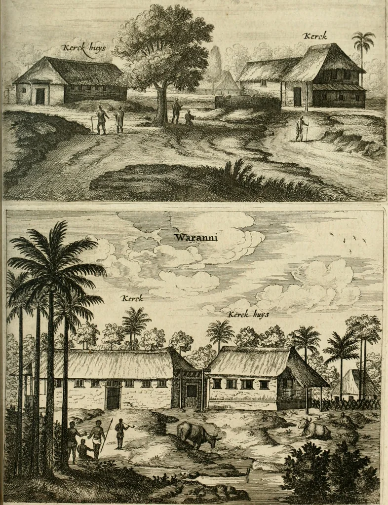 An illustration from Wahrhaftige ausführliche beschreibung der berühmten ostindischen kusten Malabar und Coromandel, als auch der insel Zeylon: samt dero angräntzenden und untergehörigen reichen, fürstentühmen, ländern, städten ... so wol auch der merkwürdigsten kriegshändel, belägerungen, feld- und seeschlachten, sonderlich zwischen den Portugesen und Holländern, handel-und kaufmannschaften: durchgehends verzieret mit neuen landkahrten und abbildungen der vornehmsten städte, festungen, trachten, thiere, früchte, &c. so in India selbst nach dem leben gezeichnet, und folgends mit fleiss zu kupfer gebracht: benebst einer umständlichen und gründlichen entdeckung der abgötterey der ost-indischen heyden, Malabaren, Benjanen, Gentiven, Bramines &c. .., 1672, leaf 470