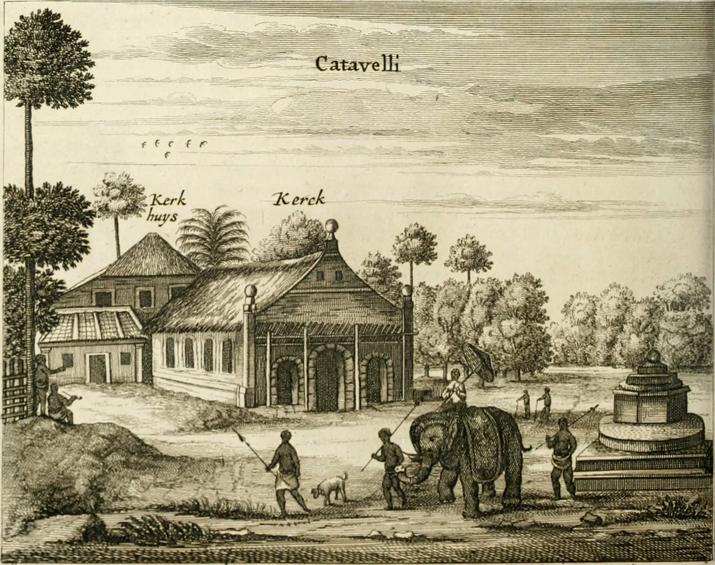 An illustration from Wahrhaftige ausführliche beschreibung der berühmten ostindischen kusten Malabar und Coromandel, als auch der insel Zeylon: samt dero angräntzenden und untergehörigen reichen, fürstentühmen, ländern, städten ... so wol auch der merkwürdigsten kriegshändel, belägerungen, feld- und seeschlachten, sonderlich zwischen den Portugesen und Holländern, handel-und kaufmannschaften: durchgehends verzieret mit neuen landkahrten und abbildungen der vornehmsten städte, festungen, trachten, thiere, früchte, &c. so in India selbst nach dem leben gezeichnet, und folgends mit fleiss zu kupfer gebracht: benebst einer umständlichen und gründlichen entdeckung der abgötterey der ost-indischen heyden, Malabaren, Benjanen, Gentiven, Bramines &c. .., 1672, leaf 473