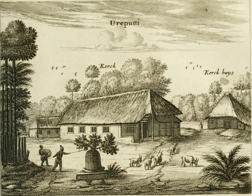 An illustration from Wahrhaftige ausführliche beschreibung der berühmten ostindischen kusten Malabar und Coromandel, als auch der insel Zeylon: samt dero angräntzenden und untergehörigen reichen, fürstentühmen, ländern, städten ... so wol auch der merkwürdigsten kriegshändel, belägerungen, feld- und seeschlachten, sonderlich zwischen den Portugesen und Holländern, handel-und kaufmannschaften: durchgehends verzieret mit neuen landkahrten und abbildungen der vornehmsten städte, festungen, trachten, thiere, früchte, &c. so in India selbst nach dem leben gezeichnet, und folgends mit fleiss zu kupfer gebracht: benebst einer umständlichen und gründlichen entdeckung der abgötterey der ost-indischen heyden, Malabaren, Benjanen, Gentiven, Bramines &c. .., 1672, leaf 474