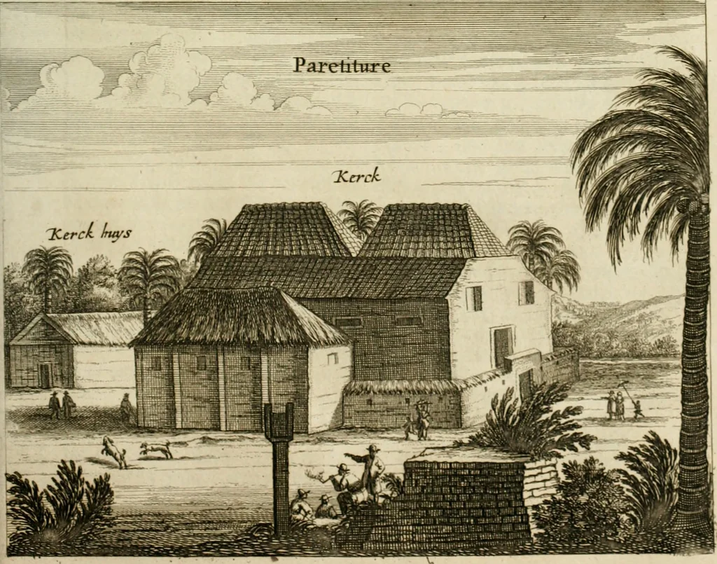An illustration from Wahrhaftige ausführliche beschreibung der berühmten ostindischen kusten Malabar und Coromandel, als auch der insel Zeylon: samt dero angräntzenden und untergehörigen reichen, fürstentühmen, ländern, städten ... so wol auch der merkwürdigsten kriegshändel, belägerungen, feld- und seeschlachten, sonderlich zwischen den Portugesen und Holländern, handel-und kaufmannschaften: durchgehends verzieret mit neuen landkahrten und abbildungen der vornehmsten städte, festungen, trachten, thiere, früchte, &c. so in India selbst nach dem leben gezeichnet, und folgends mit fleiss zu kupfer gebracht: benebst einer umständlichen und gründlichen entdeckung der abgötterey der ost-indischen heyden, Malabaren, Benjanen, Gentiven, Bramines &c. .., 1672, leaf 474
