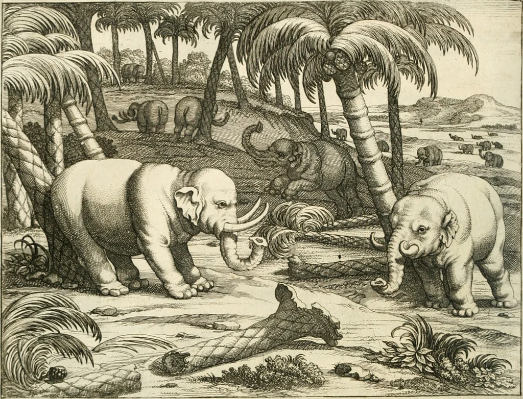 An illustration from Wahrhaftige ausführliche beschreibung der berühmten ostindischen kusten Malabar und Coromandel, als auch der insel Zeylon: samt dero angräntzenden und untergehörigen reichen, fürstentühmen, ländern, städten ... so wol auch der merkwürdigsten kriegshändel, belägerungen, feld- und seeschlachten, sonderlich zwischen den Portugesen und Holländern, handel-und kaufmannschaften: durchgehends verzieret mit neuen landkahrten und abbildungen der vornehmsten städte, festungen, trachten, thiere, früchte, &c. so in India selbst nach dem leben gezeichnet, und folgends mit fleiss zu kupfer gebracht: benebst einer umständlichen und gründlichen entdeckung der abgötterey der ost-indischen heyden, Malabaren, Benjanen, Gentiven, Bramines &c. .., 1672, leaf 477