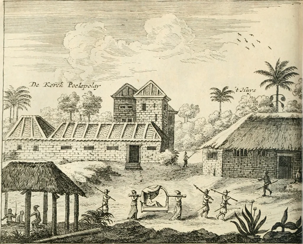 An illustration from Wahrhaftige ausführliche beschreibung der berühmten ostindischen kusten Malabar und Coromandel, als auch der insel Zeylon: samt dero angräntzenden und untergehörigen reichen, fürstentühmen, ländern, städten ... so wol auch der merkwürdigsten kriegshändel, belägerungen, feld- und seeschlachten, sonderlich zwischen den Portugesen und Holländern, handel-und kaufmannschaften: durchgehends verzieret mit neuen landkahrten und abbildungen der vornehmsten städte, festungen, trachten, thiere, früchte, &c. so in India selbst nach dem leben gezeichnet, und folgends mit fleiss zu kupfer gebracht: benebst einer umständlichen und gründlichen entdeckung der abgötterey der ost-indischen heyden, Malabaren, Benjanen, Gentiven, Bramines &c. .., 1672, leaf 479