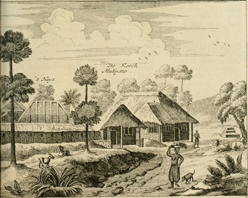 An illustration from Wahrhaftige ausführliche beschreibung der berühmten ostindischen kusten Malabar und Coromandel, als auch der insel Zeylon: samt dero angräntzenden und untergehörigen reichen, fürstentühmen, ländern, städten ... so wol auch der merkwürdigsten kriegshändel, belägerungen, feld- und seeschlachten, sonderlich zwischen den Portugesen und Holländern, handel-und kaufmannschaften: durchgehends verzieret mit neuen landkahrten und abbildungen der vornehmsten städte, festungen, trachten, thiere, früchte, &c. so in India selbst nach dem leben gezeichnet, und folgends mit fleiss zu kupfer gebracht: benebst einer umständlichen und gründlichen entdeckung der abgötterey der ost-indischen heyden, Malabaren, Benjanen, Gentiven, Bramines &c. .., 1672, leaf 480