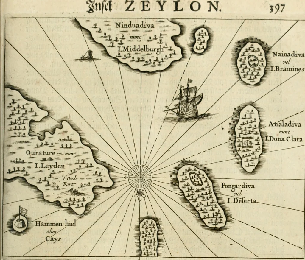 An illustration from Wahrhaftige ausführliche beschreibung der berühmten ostindischen kusten Malabar und Coromandel, als auch der insel Zeylon: samt dero angräntzenden und untergehörigen reichen, fürstentühmen, ländern, städten ... so wol auch der merkwürdigsten kriegshändel, belägerungen, feld- und seeschlachten, sonderlich zwischen den Portugesen und Holländern, handel-und kaufmannschaften: durchgehends verzieret mit neuen landkahrten und abbildungen der vornehmsten städte, festungen, trachten, thiere, früchte, &c. so in India selbst nach dem leben gezeichnet, und folgends mit fleiss zu kupfer gebracht: benebst einer umständlichen und gründlichen entdeckung der abgötterey der ost-indischen heyden, Malabaren, Benjanen, Gentiven, Bramines &c. .., 1672, leaf 482