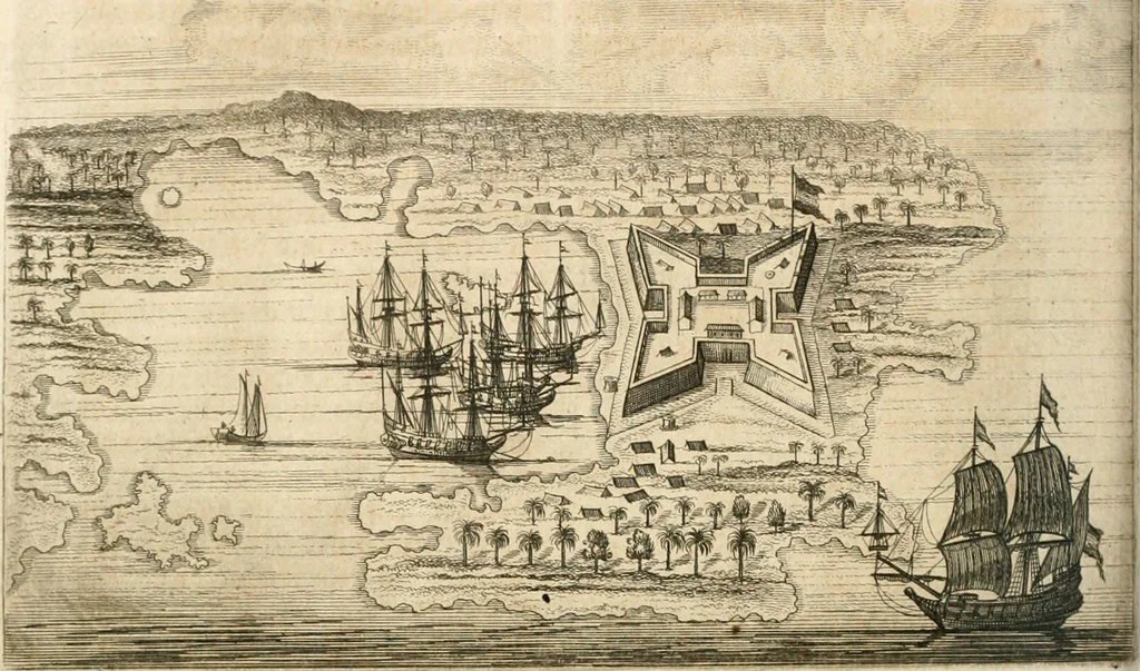An illustration from Wahrhaftige ausführliche beschreibung der berühmten ostindischen kusten Malabar und Coromandel, als auch der insel Zeylon: samt dero angräntzenden und untergehörigen reichen, fürstentühmen, ländern, städten ... so wol auch der merkwürdigsten kriegshändel, belägerungen, feld- und seeschlachten, sonderlich zwischen den Portugesen und Holländern, handel-und kaufmannschaften: durchgehends verzieret mit neuen landkahrten und abbildungen der vornehmsten städte, festungen, trachten, thiere, früchte, &c. so in India selbst nach dem leben gezeichnet, und folgends mit fleiss zu kupfer gebracht: benebst einer umständlichen und gründlichen entdeckung der abgötterey der ost-indischen heyden, Malabaren, Benjanen, Gentiven, Bramines &c. .., 1672, leaf 501