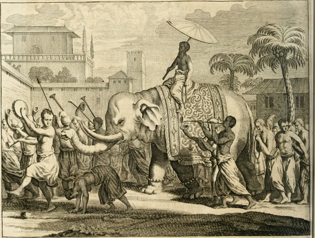 An illustration from Wahrhaftige ausführliche beschreibung der berühmten ostindischen kusten Malabar und Coromandel, als auch der insel Zeylon: samt dero angräntzenden und untergehörigen reichen, fürstentühmen, ländern, städten ... so wol auch der merkwürdigsten kriegshändel, belägerungen, feld- und seeschlachten, sonderlich zwischen den Portugesen und Holländern, handel-und kaufmannschaften: durchgehends verzieret mit neuen landkahrten und abbildungen der vornehmsten städte, festungen, trachten, thiere, früchte, &c. so in India selbst nach dem leben gezeichnet, und folgends mit fleiss zu kupfer gebracht: benebst einer umständlichen und gründlichen entdeckung der abgötterey der ost-indischen heyden, Malabaren, Benjanen, Gentiven, Bramines &c. .., 1672, leaf 503