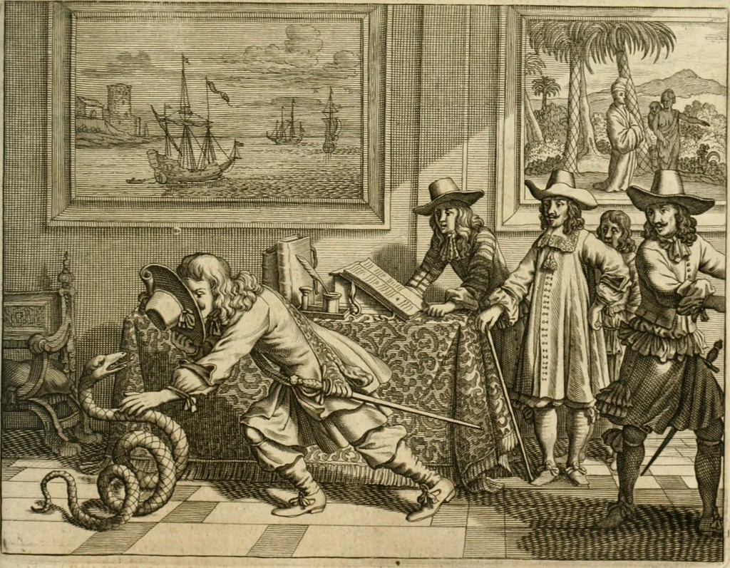 An illustration from Wahrhaftige ausführliche beschreibung der berühmten ostindischen kusten Malabar und Coromandel, als auch der insel Zeylon: samt dero angräntzenden und untergehörigen reichen, fürstentühmen, ländern, städten ... so wol auch der merkwürdigsten kriegshändel, belägerungen, feld- und seeschlachten, sonderlich zwischen den Portugesen und Holländern, handel-und kaufmannschaften: durchgehends verzieret mit neuen landkahrten und abbildungen der vornehmsten städte, festungen, trachten, thiere, früchte, &c. so in India selbst nach dem leben gezeichnet, und folgends mit fleiss zu kupfer gebracht: benebst einer umständlichen und gründlichen entdeckung der abgötterey der ost-indischen heyden, Malabaren, Benjanen, Gentiven, Bramines &c. .., 1672, leaf 514