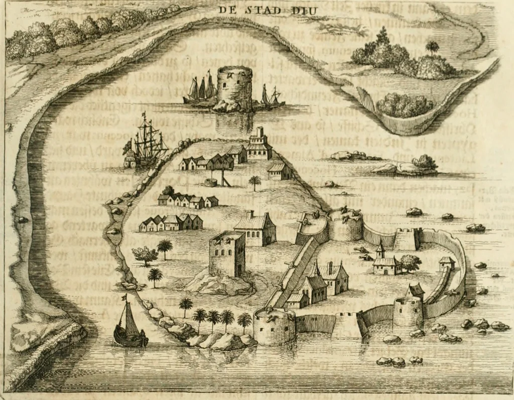 An illustration from Wahrhaftige ausführliche beschreibung der berühmten ostindischen kusten Malabar und Coromandel, als auch der insel Zeylon: samt dero angräntzenden und untergehörigen reichen, fürstentühmen, ländern, städten ... so wol auch der merkwürdigsten kriegshändel, belägerungen, feld- und seeschlachten, sonderlich zwischen den Portugesen und Holländern, handel-und kaufmannschaften: durchgehends verzieret mit neuen landkahrten und abbildungen der vornehmsten städte, festungen, trachten, thiere, früchte, &c. so in India selbst nach dem leben gezeichnet, und folgends mit fleiss zu kupfer gebracht: benebst einer umständlichen und gründlichen entdeckung der abgötterey der ost-indischen heyden, Malabaren, Benjanen, Gentiven, Bramines &c. .., 1672, leaf 52