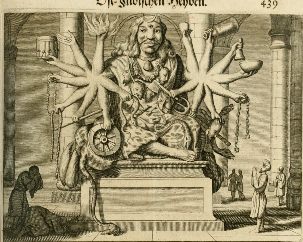 An illustration from Wahrhaftige ausführliche beschreibung der berühmten ostindischen kusten Malabar und Coromandel, als auch der insel Zeylon: samt dero angräntzenden und untergehörigen reichen, fürstentühmen, ländern, städten ... so wol auch der merkwürdigsten kriegshändel, belägerungen, feld- und seeschlachten, sonderlich zwischen den Portugesen und Holländern, handel-und kaufmannschaften: durchgehends verzieret mit neuen landkahrten und abbildungen der vornehmsten städte, festungen, trachten, thiere, früchte, &c. so in India selbst nach dem leben gezeichnet, und folgends mit fleiss zu kupfer gebracht: benebst einer umständlichen und gründlichen entdeckung der abgötterey der ost-indischen heyden, Malabaren, Benjanen, Gentiven, Bramines &c. .., 1672, leaf 528
