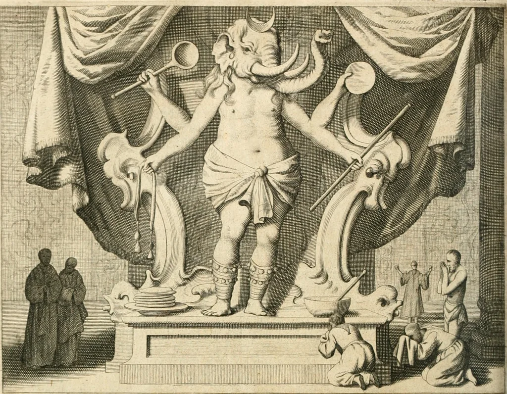 An illustration from Wahrhaftige ausführliche beschreibung der berühmten ostindischen kusten Malabar und Coromandel, als auch der insel Zeylon: samt dero angräntzenden und untergehörigen reichen, fürstentühmen, ländern, städten ... so wol auch der merkwürdigsten kriegshändel, belägerungen, feld- und seeschlachten, sonderlich zwischen den Portugesen und Holländern, handel-und kaufmannschaften: durchgehends verzieret mit neuen landkahrten und abbildungen der vornehmsten städte, festungen, trachten, thiere, früchte, &c. so in India selbst nach dem leben gezeichnet, und folgends mit fleiss zu kupfer gebracht: benebst einer umständlichen und gründlichen entdeckung der abgötterey der ost-indischen heyden, Malabaren, Benjanen, Gentiven, Bramines &c. .., 1672, leaf 537