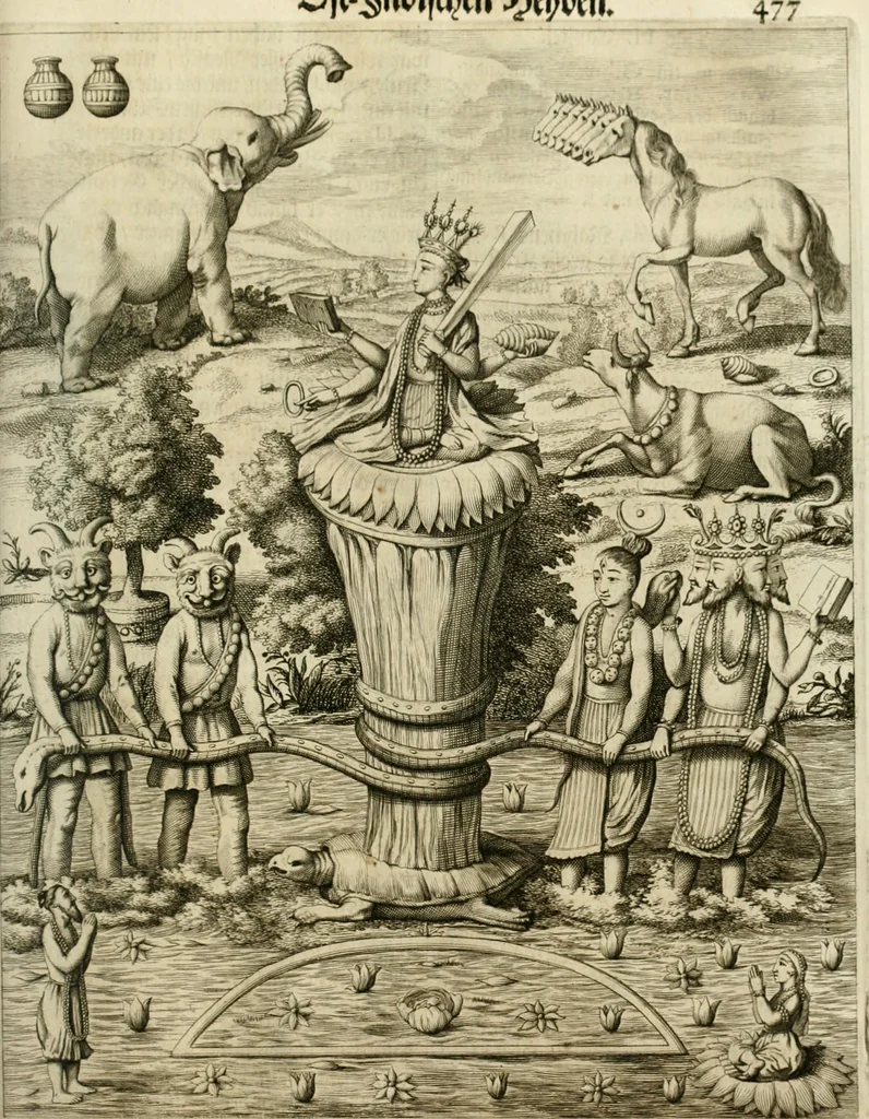 An illustration from Wahrhaftige ausführliche beschreibung der berühmten ostindischen kusten Malabar und Coromandel, als auch der insel Zeylon: samt dero angräntzenden und untergehörigen reichen, fürstentühmen, ländern, städten ... so wol auch der merkwürdigsten kriegshändel, belägerungen, feld- und seeschlachten, sonderlich zwischen den Portugesen und Holländern, handel-und kaufmannschaften: durchgehends verzieret mit neuen landkahrten und abbildungen der vornehmsten städte, festungen, trachten, thiere, früchte, &c. so in India selbst nach dem leben gezeichnet, und folgends mit fleiss zu kupfer gebracht: benebst einer umständlichen und gründlichen entdeckung der abgötterey der ost-indischen heyden, Malabaren, Benjanen, Gentiven, Bramines &c. .., 1672, leaf 566