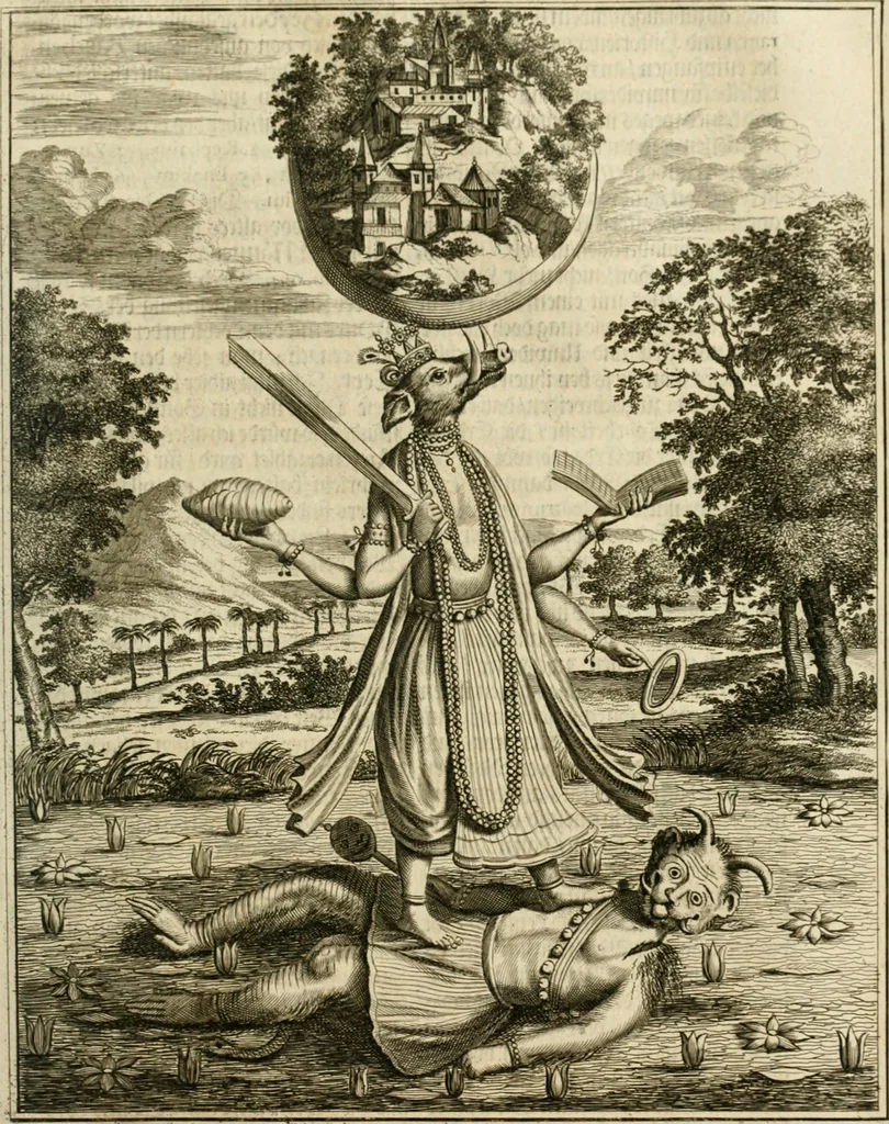 An illustration from Wahrhaftige ausführliche beschreibung der berühmten ostindischen kusten Malabar und Coromandel, als auch der insel Zeylon: samt dero angräntzenden und untergehörigen reichen, fürstentühmen, ländern, städten ... so wol auch der merkwürdigsten kriegshändel, belägerungen, feld- und seeschlachten, sonderlich zwischen den Portugesen und Holländern, handel-und kaufmannschaften: durchgehends verzieret mit neuen landkahrten und abbildungen der vornehmsten städte, festungen, trachten, thiere, früchte, &c. so in India selbst nach dem leben gezeichnet, und folgends mit fleiss zu kupfer gebracht: benebst einer umständlichen und gründlichen entdeckung der abgötterey der ost-indischen heyden, Malabaren, Benjanen, Gentiven, Bramines &c. .., 1672, leaf 568