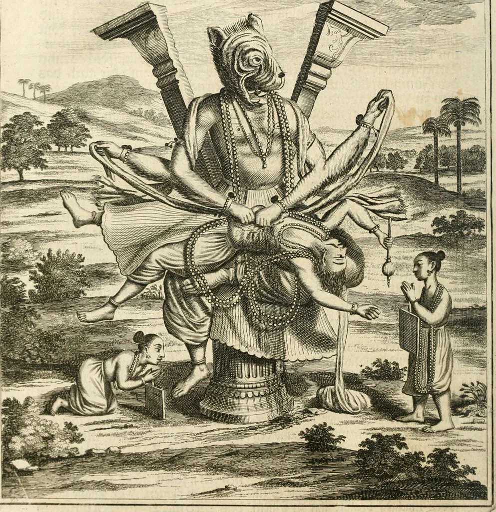 An illustration from Wahrhaftige ausführliche beschreibung der berühmten ostindischen kusten Malabar und Coromandel, als auch der insel Zeylon: samt dero angräntzenden und untergehörigen reichen, fürstentühmen, ländern, städten ... so wol auch der merkwürdigsten kriegshändel, belägerungen, feld- und seeschlachten, sonderlich zwischen den Portugesen und Holländern, handel-und kaufmannschaften: durchgehends verzieret mit neuen landkahrten und abbildungen der vornehmsten städte, festungen, trachten, thiere, früchte, &c. so in India selbst nach dem leben gezeichnet, und folgends mit fleiss zu kupfer gebracht: benebst einer umständlichen und gründlichen entdeckung der abgötterey der ost-indischen heyden, Malabaren, Benjanen, Gentiven, Bramines &c. .., 1672, leaf 573