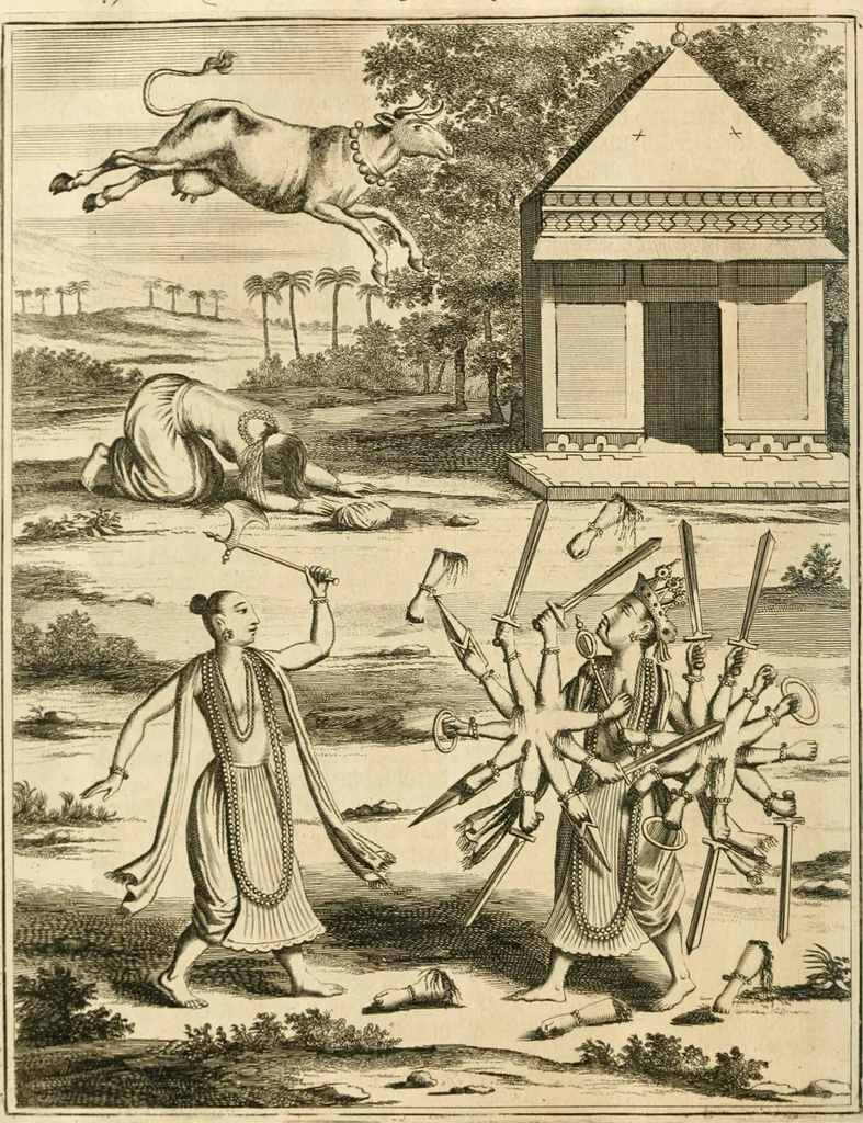 An illustration from Wahrhaftige ausführliche beschreibung der berühmten ostindischen kusten Malabar und Coromandel, als auch der insel Zeylon: samt dero angräntzenden und untergehörigen reichen, fürstentühmen, ländern, städten ... so wol auch der merkwürdigsten kriegshändel, belägerungen, feld- und seeschlachten, sonderlich zwischen den Portugesen und Holländern, handel-und kaufmannschaften: durchgehends verzieret mit neuen landkahrten und abbildungen der vornehmsten städte, festungen, trachten, thiere, früchte, &c. so in India selbst nach dem leben gezeichnet, und folgends mit fleiss zu kupfer gebracht: benebst einer umständlichen und gründlichen entdeckung der abgötterey der ost-indischen heyden, Malabaren, Benjanen, Gentiven, Bramines &c. .., 1672, leaf 581