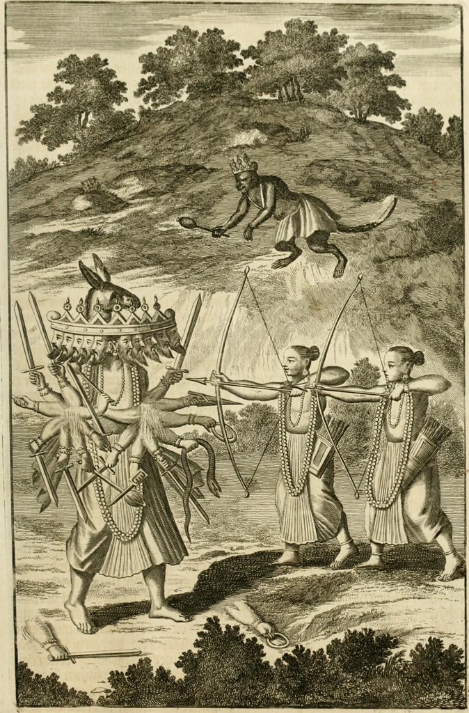 An illustration from Wahrhaftige ausführliche beschreibung der berühmten ostindischen kusten Malabar und Coromandel, als auch der insel Zeylon: samt dero angräntzenden und untergehörigen reichen, fürstentühmen, ländern, städten ... so wol auch der merkwürdigsten kriegshändel, belägerungen, feld- und seeschlachten, sonderlich zwischen den Portugesen und Holländern, handel-und kaufmannschaften: durchgehends verzieret mit neuen landkahrten und abbildungen der vornehmsten städte, festungen, trachten, thiere, früchte, &c. so in India selbst nach dem leben gezeichnet, und folgends mit fleiss zu kupfer gebracht: benebst einer umständlichen und gründlichen entdeckung der abgötterey der ost-indischen heyden, Malabaren, Benjanen, Gentiven, Bramines &c. .., 1672, leaf 590