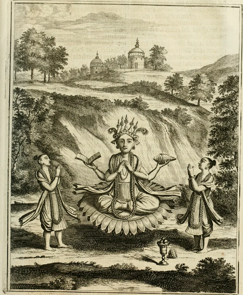An illustration from Wahrhaftige ausführliche beschreibung der berühmten ostindischen kusten Malabar und Coromandel, als auch der insel Zeylon: samt dero angräntzenden und untergehörigen reichen, fürstentühmen, ländern, städten ... so wol auch der merkwürdigsten kriegshändel, belägerungen, feld- und seeschlachten, sonderlich zwischen den Portugesen und Holländern, handel-und kaufmannschaften: durchgehends verzieret mit neuen landkahrten und abbildungen der vornehmsten städte, festungen, trachten, thiere, früchte, &c. so in India selbst nach dem leben gezeichnet, und folgends mit fleiss zu kupfer gebracht: benebst einer umständlichen und gründlichen entdeckung der abgötterey der ost-indischen heyden, Malabaren, Benjanen, Gentiven, Bramines &c. .., 1672, leaf 640