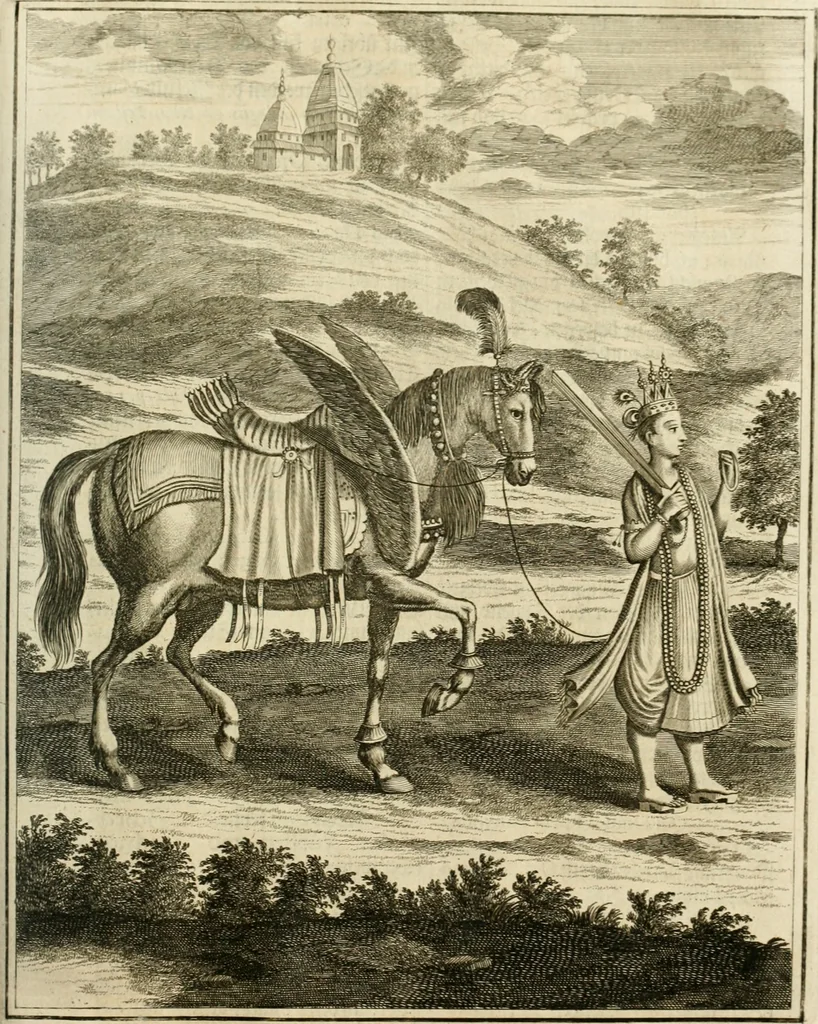 An illustration from Wahrhaftige ausführliche beschreibung der berühmten ostindischen kusten Malabar und Coromandel, als auch der insel Zeylon: samt dero angräntzenden und untergehörigen reichen, fürstentühmen, ländern, städten ... so wol auch der merkwürdigsten kriegshändel, belägerungen, feld- und seeschlachten, sonderlich zwischen den Portugesen und Holländern, handel-und kaufmannschaften: durchgehends verzieret mit neuen landkahrten und abbildungen der vornehmsten städte, festungen, trachten, thiere, früchte, &c. so in India selbst nach dem leben gezeichnet, und folgends mit fleiss zu kupfer gebracht: benebst einer umständlichen und gründlichen entdeckung der abgötterey der ost-indischen heyden, Malabaren, Benjanen, Gentiven, Bramines &c. .., 1672, leaf 642
