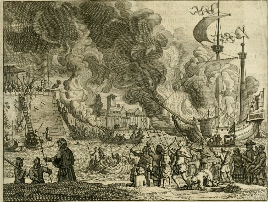 An illustration from Wahrhaftige ausführliche beschreibung der berühmten ostindischen kusten Malabar und Coromandel, als auch der insel Zeylon: samt dero angräntzenden und untergehörigen reichen, fürstentühmen, ländern, städten ... so wol auch der merkwürdigsten kriegshändel, belägerungen, feld- und seeschlachten, sonderlich zwischen den Portugesen und Holländern, handel-und kaufmannschaften: durchgehends verzieret mit neuen landkahrten und abbildungen der vornehmsten städte, festungen, trachten, thiere, früchte, &c. so in India selbst nach dem leben gezeichnet, und folgends mit fleiss zu kupfer gebracht: benebst einer umständlichen und gründlichen entdeckung der abgötterey der ost-indischen heyden, Malabaren, Benjanen, Gentiven, Bramines &c. .., 1672, leaf 76
