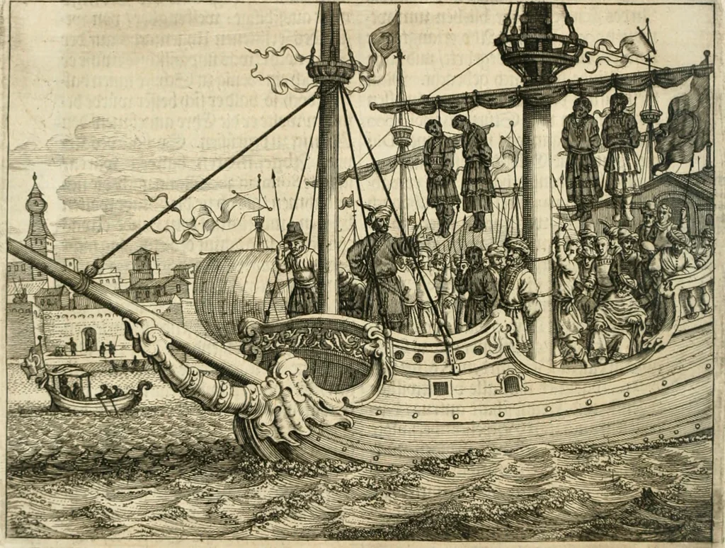 An illustration from Wahrhaftige ausführliche beschreibung der berühmten ostindischen kusten Malabar und Coromandel, als auch der insel Zeylon: samt dero angräntzenden und untergehörigen reichen, fürstentühmen, ländern, städten ... so wol auch der merkwürdigsten kriegshändel, belägerungen, feld- und seeschlachten, sonderlich zwischen den Portugesen und Holländern, handel-und kaufmannschaften: durchgehends verzieret mit neuen landkahrten und abbildungen der vornehmsten städte, festungen, trachten, thiere, früchte, &c. so in India selbst nach dem leben gezeichnet, und folgends mit fleiss zu kupfer gebracht: benebst einer umständlichen und gründlichen entdeckung der abgötterey der ost-indischen heyden, Malabaren, Benjanen, Gentiven, Bramines &c. .., 1672, leaf 83