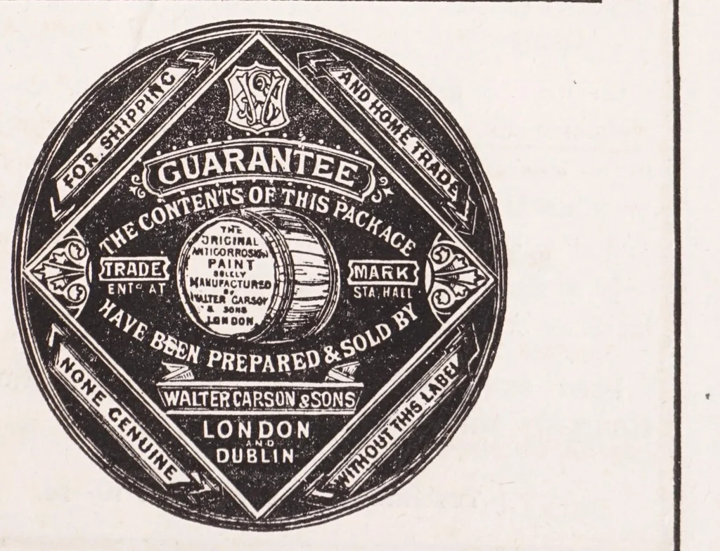 An illustration from Walter Carson & Sons, manufacturers of the original anti-corrosion paint, non-poisonous liquid paint, colours, varnishes, Japans, &c., &c. : for home trade and export, 1902, leaf 5