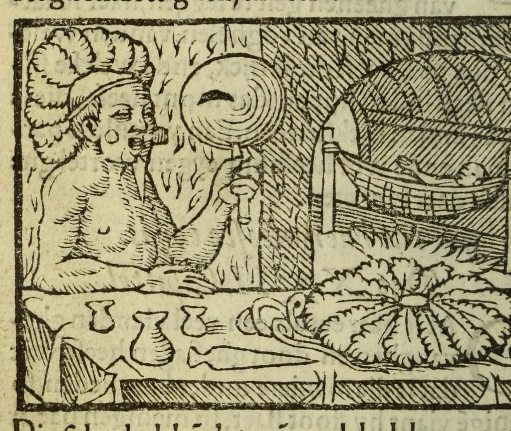 An illustration from Warachtige historie ende beschriuinge eens lants in America ghelegen, vviens invvoonders vvilt, naeckt, seer godloos, ende vvreede menschen eters sijn., 1558, leaf 184