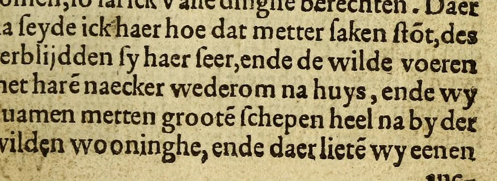 An illustration from Warachtige historie ende beschriuinge eens lants in America ghelegen, vviens invvoonders vvilt, naeckt, seer godloos, ende vvreede menschen eters sijn., 1558, leaf 51