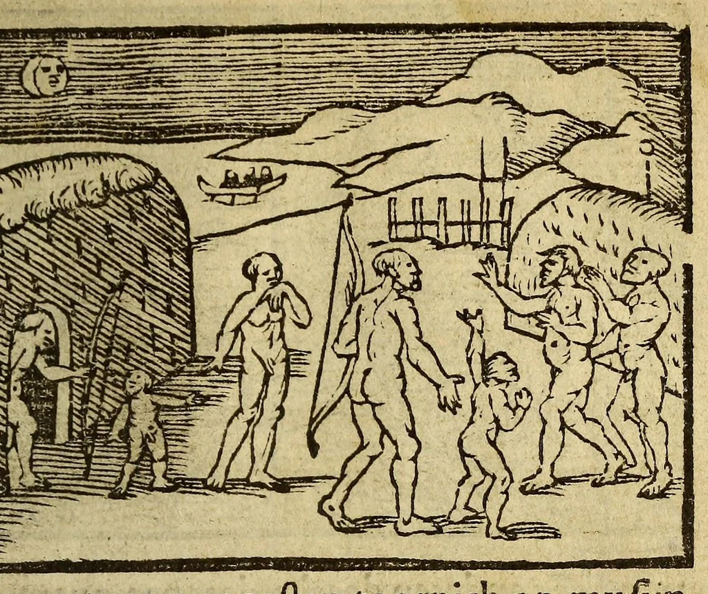 An illustration from Warachtige historie ende beschriuinge eens lants in America ghelegen, vviens invvoonders vvilt, naeckt, seer godloos, ende vvreede menschen eters sijn., 1558, leaf 97