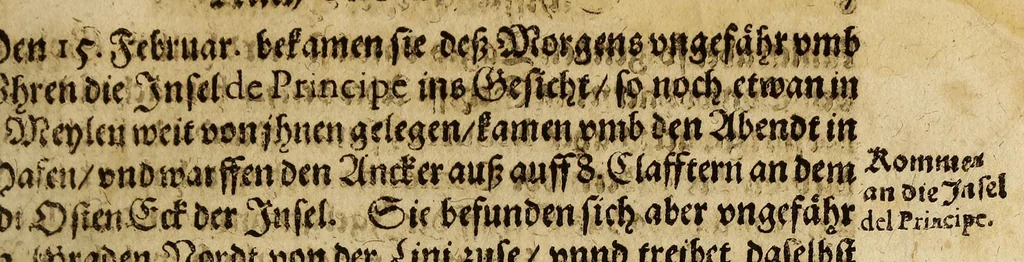 An illustration from Warhafftige Beschreibung der vnglückhafften Schiffarht eines Schiffs von Ambsterdam, die Silberne Welt genannt, : welches nach Ersuchung dess Gestadts Guinea von seinem Admiral durch Vngewitter abgetrieben, vnd nach Rio de Plata zu gefahren, wie es nemblich daselbst vor einem Flecken Bonas Aeres, durch ein falsche Freundligkeit dess Spanischen Gubernatorn, seinen Verwalter sampt etlich andern verlohren, auch im zu rück fahren, an dem Meerbusen Todos los Santos gantz vnd gar in der Portegaleser Hände gerathen, von welchem es also empfangen,, 1604, leaf 13