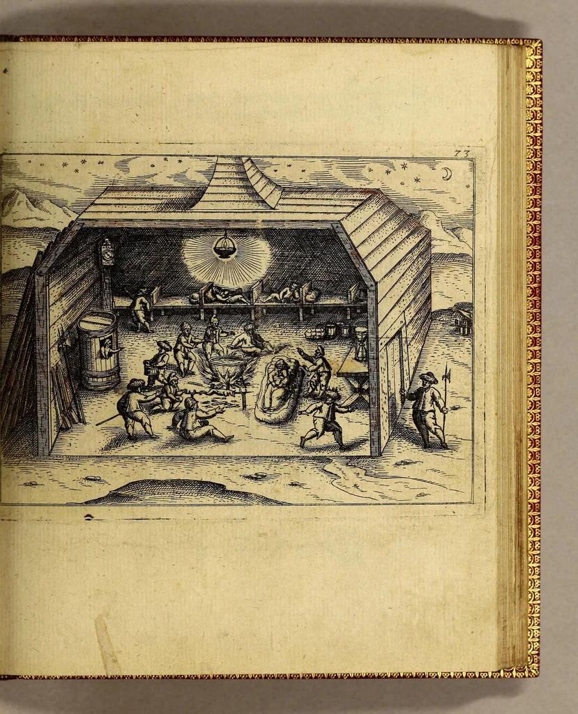An illustration from Warhafftige Relation. Der dreyen newen vnerhörten, seltzamen Schiffart, so die holländischen vnd seeländischen Schiff gegen Mitternacht, drey Jar nach einander, als Anno 1594. 1595. vnd 1596. verricht. : Wie sie Nottvvegen, Lappiam, Biarmiam, vnd Russiam, oder Moscoviam (vorhabens ins Königreich Cathay vnd China zukommen) vmbsegelt haben. Als auch wie sie das Fretum Nassoviae, VVaygats, Novam Semblam, vnd das Land vnter dem 8o. Gradu Latitud. so man vermeint das Groenland sey, gefunden: vnd was für gefahr, wegen der erschröcklichen Bern, Meerwunder, vnd dem Eyss, sie aussgestanden., 1598, leaf 137