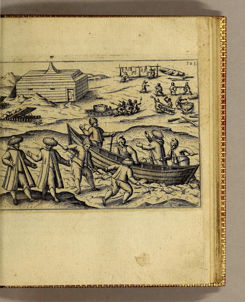 An illustration from Warhafftige Relation. Der dreyen newen vnerhörten, seltzamen Schiffart, so die holländischen vnd seeländischen Schiff gegen Mitternacht, drey Jar nach einander, als Anno 1594. 1595. vnd 1596. verricht. : Wie sie Nottvvegen, Lappiam, Biarmiam, vnd Russiam, oder Moscoviam (vorhabens ins Königreich Cathay vnd China zukommen) vmbsegelt haben. Als auch wie sie das Fretum Nassoviae, VVaygats, Novam Semblam, vnd das Land vnter dem 8o. Gradu Latitud. so man vermeint das Groenland sey, gefunden: vnd was für gefahr, wegen der erschröcklichen Bern, Meerwunder, vnd dem Eyss, sie aussgestanden., 1598, leaf 171