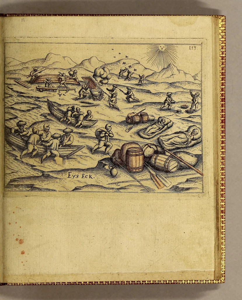 An illustration from Warhafftige Relation. Der dreyen newen vnerhörten, seltzamen Schiffart, so die holländischen vnd seeländischen Schiff gegen Mitternacht, drey Jar nach einander, als Anno 1594. 1595. vnd 1596. verricht. : Wie sie Nottvvegen, Lappiam, Biarmiam, vnd Russiam, oder Moscoviam (vorhabens ins Königreich Cathay vnd China zukommen) vmbsegelt haben. Als auch wie sie das Fretum Nassoviae, VVaygats, Novam Semblam, vnd das Land vnter dem 8o. Gradu Latitud. so man vermeint das Groenland sey, gefunden: vnd was für gefahr, wegen der erschröcklichen Bern, Meerwunder, vnd dem Eyss, sie aussgestanden., 1598, leaf 191