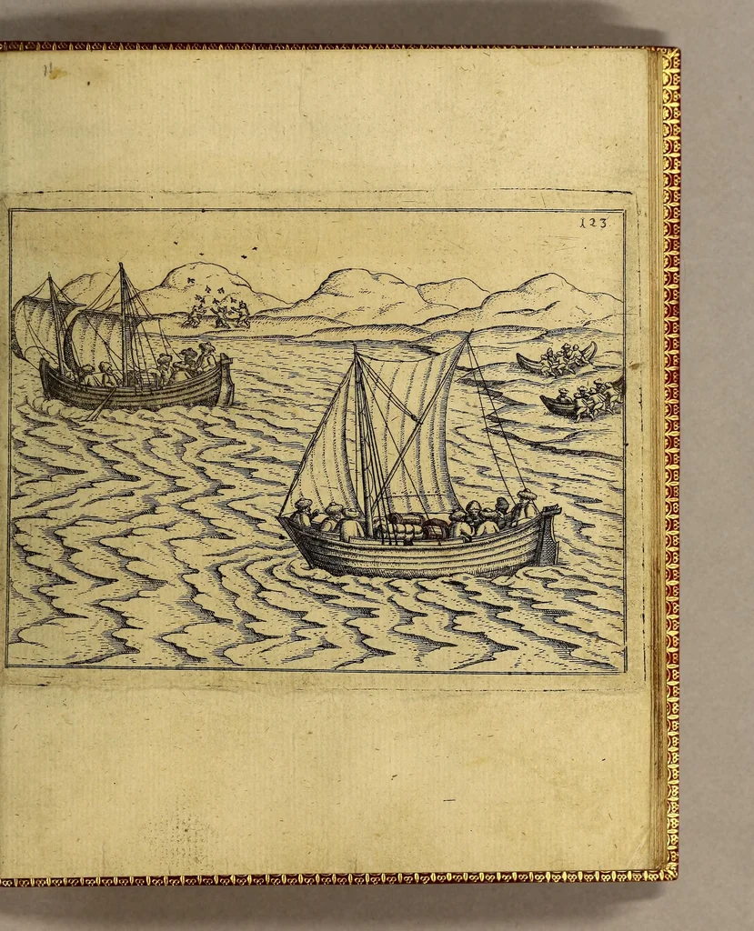 An illustration from Warhafftige Relation. Der dreyen newen vnerhörten, seltzamen Schiffart, so die holländischen vnd seeländischen Schiff gegen Mitternacht, drey Jar nach einander, als Anno 1594. 1595. vnd 1596. verricht. : Wie sie Nottvvegen, Lappiam, Biarmiam, vnd Russiam, oder Moscoviam (vorhabens ins Königreich Cathay vnd China zukommen) vmbsegelt haben. Als auch wie sie das Fretum Nassoviae, VVaygats, Novam Semblam, vnd das Land vnter dem 8o. Gradu Latitud. so man vermeint das Groenland sey, gefunden: vnd was für gefahr, wegen der erschröcklichen Bern, Meerwunder, vnd dem Eyss, sie aussgestanden., 1598, leaf 207