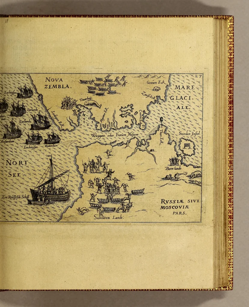 An illustration from Warhafftige Relation. Der dreyen newen vnerhörten, seltzamen Schiffart, so die holländischen vnd seeländischen Schiff gegen Mitternacht, drey Jar nach einander, als Anno 1594. 1595. vnd 1596. verricht. : Wie sie Nottvvegen, Lappiam, Biarmiam, vnd Russiam, oder Moscoviam (vorhabens ins Königreich Cathay vnd China zukommen) vmbsegelt haben. Als auch wie sie das Fretum Nassoviae, VVaygats, Novam Semblam, vnd das Land vnter dem 8o. Gradu Latitud. so man vermeint das Groenland sey, gefunden: vnd was für gefahr, wegen der erschröcklichen Bern, Meerwunder, vnd dem Eyss, sie aussgestanden., 1598, leaf 67