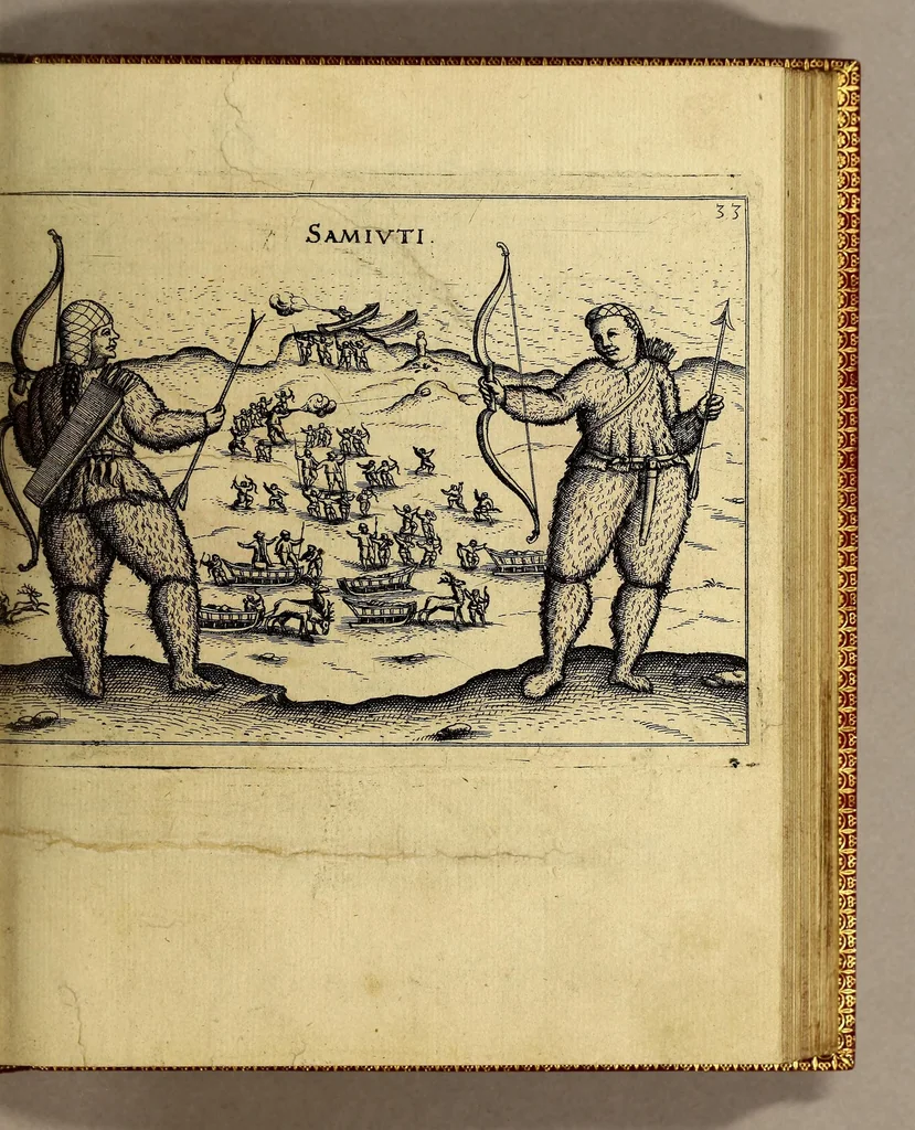 An illustration from Warhafftige Relation. Der dreyen newen vnerhörten, seltzamen Schiffart, so die holländischen vnd seeländischen Schiff gegen Mitternacht, drey Jar nach einander, als Anno 1594. 1595. vnd 1596. verricht. : Wie sie Nottvvegen, Lappiam, Biarmiam, vnd Russiam, oder Moscoviam (vorhabens ins Königreich Cathay vnd China zukommen) vmbsegelt haben. Als auch wie sie das Fretum Nassoviae, VVaygats, Novam Semblam, vnd das Land vnter dem 8o. Gradu Latitud. so man vermeint das Groenland sey, gefunden: vnd was für gefahr, wegen der erschröcklichen Bern, Meerwunder, vnd dem Eyss, sie aussgestanden., 1598, leaf 75