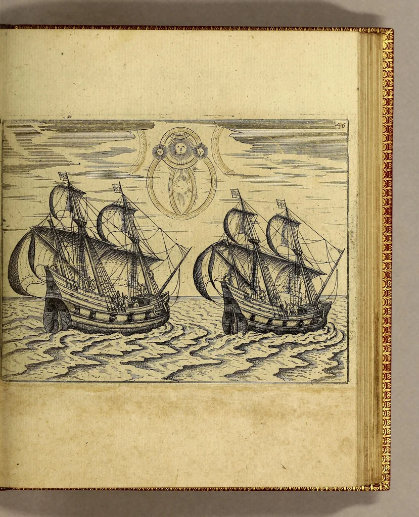 An illustration from Warhafftige Relation. Der dreyen newen vnerhörten, seltzamen Schiffart, so die holländischen vnd seeländischen Schiff gegen Mitternacht, drey Jar nach einander, als Anno 1594. 1595. vnd 1596. verricht. : Wie sie Nottvvegen, Lappiam, Biarmiam, vnd Russiam, oder Moscoviam (vorhabens ins Königreich Cathay vnd China zukommen) vmbsegelt haben. Als auch wie sie das Fretum Nassoviae, VVaygats, Novam Semblam, vnd das Land vnter dem 8o. Gradu Latitud. so man vermeint das Groenland sey, gefunden: vnd was für gefahr, wegen der erschröcklichen Bern, Meerwunder, vnd dem Eyss, sie aussgestanden., 1598, leaf 93